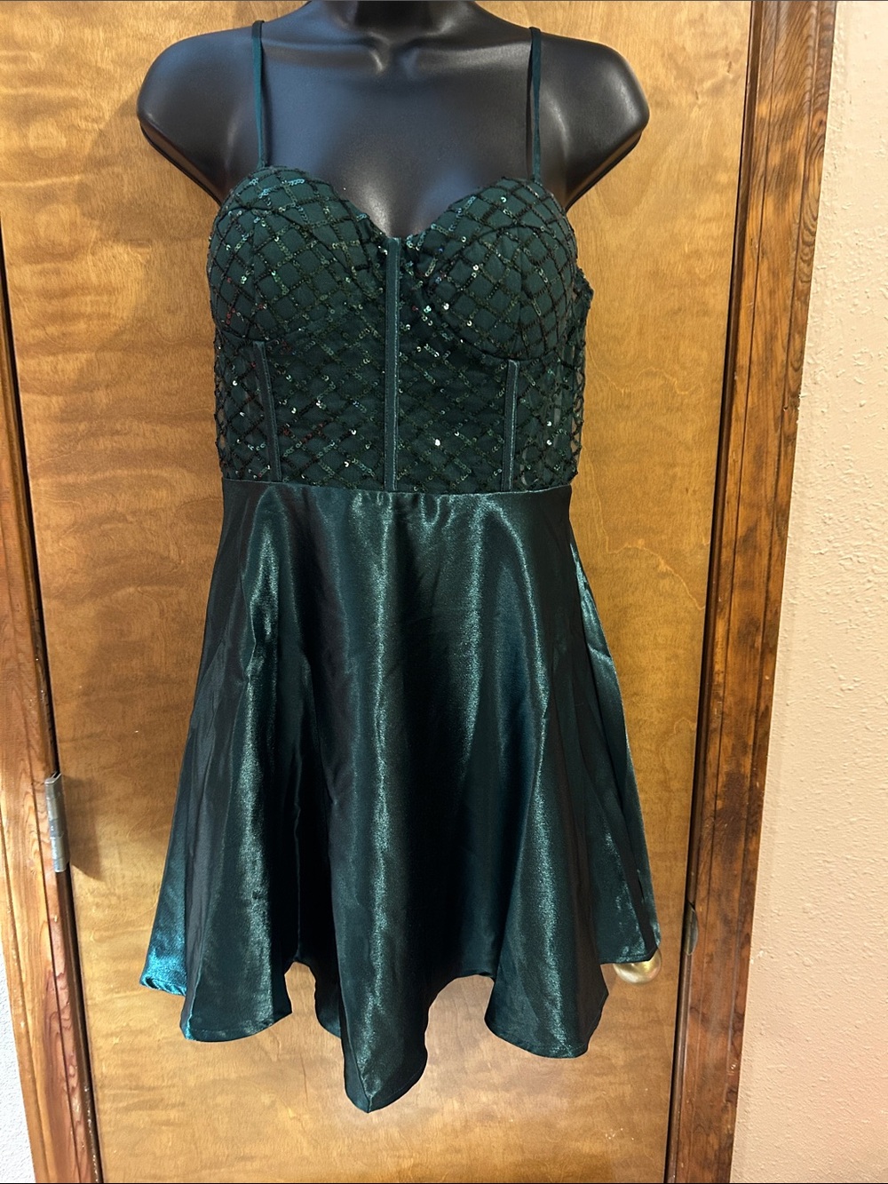 Green Sequin Bodice Satin Skater Dress -Homecoming